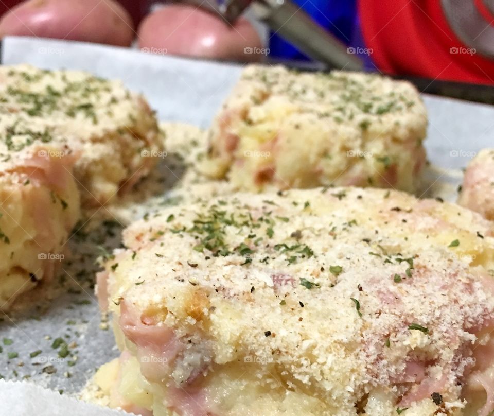 Mashed potato cake patties closeup side dish kitchen on pan