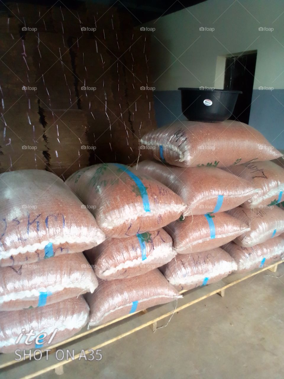 bags of groundnuts arrange on pallet.