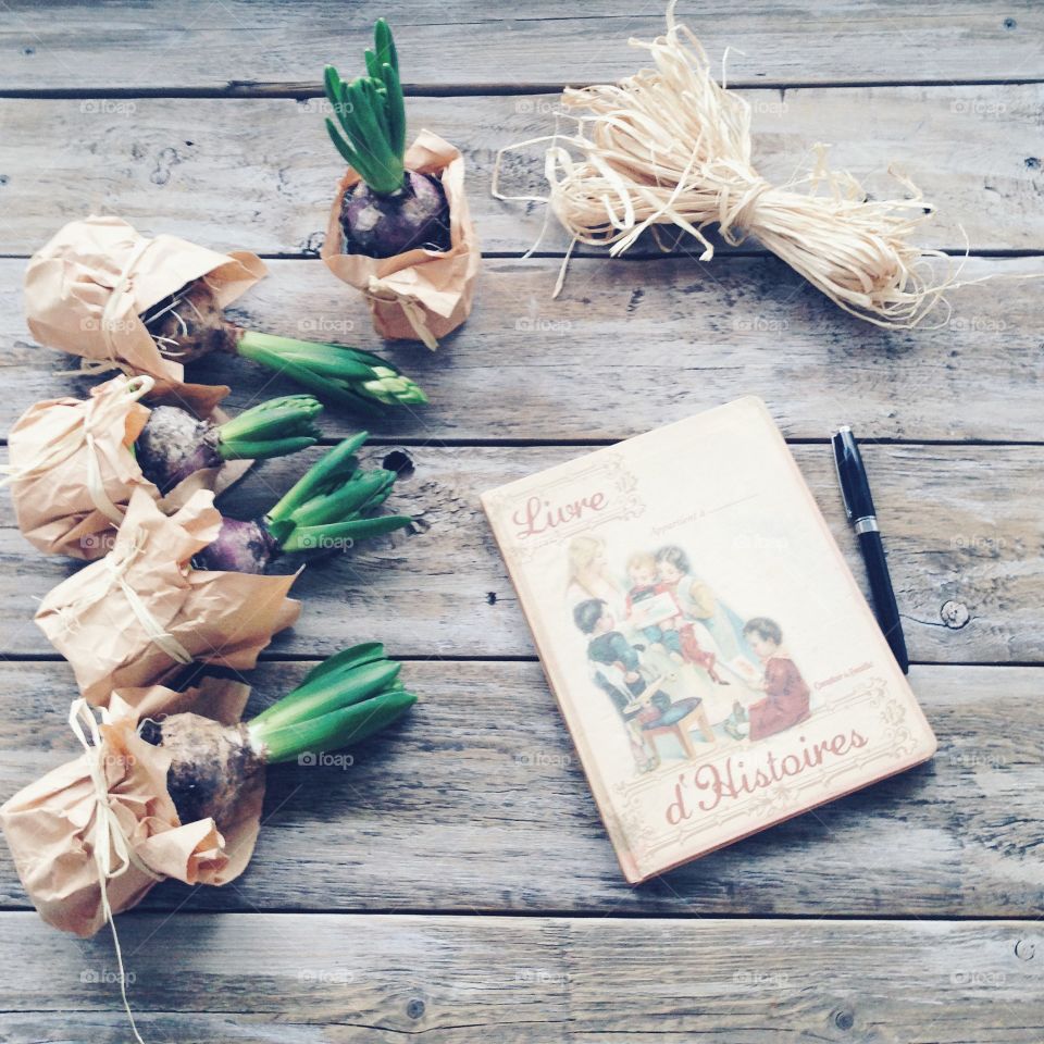 Hyacinths on a wooden table