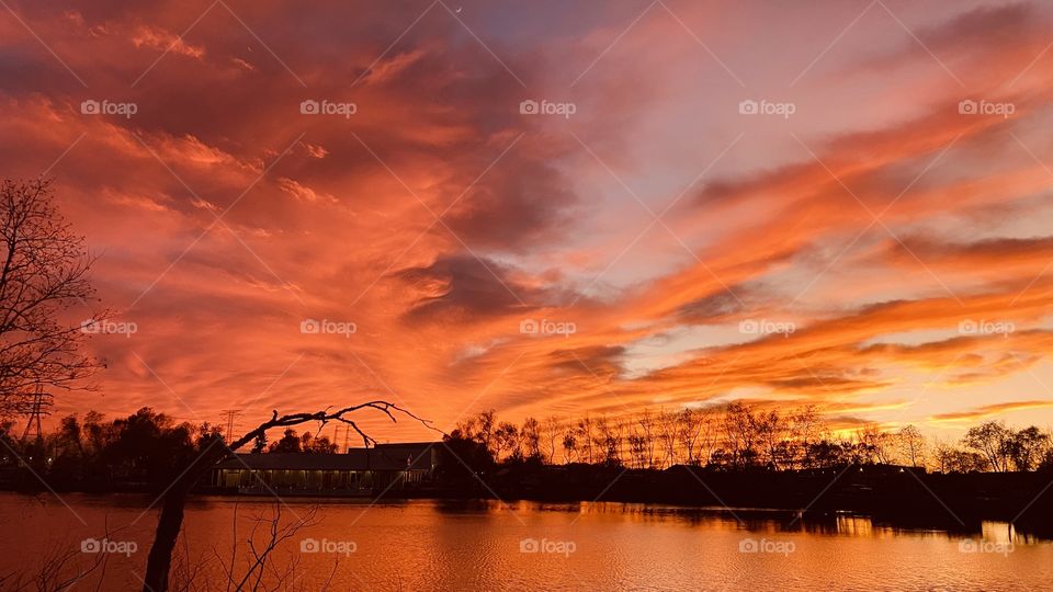 After waiting for the Sky to open up and produce the fiery Red, Orange Sky. It appears that the shore Landscape is on Fire. Beautiful Colors Captivating Clouds streak across the Night Sky. 
