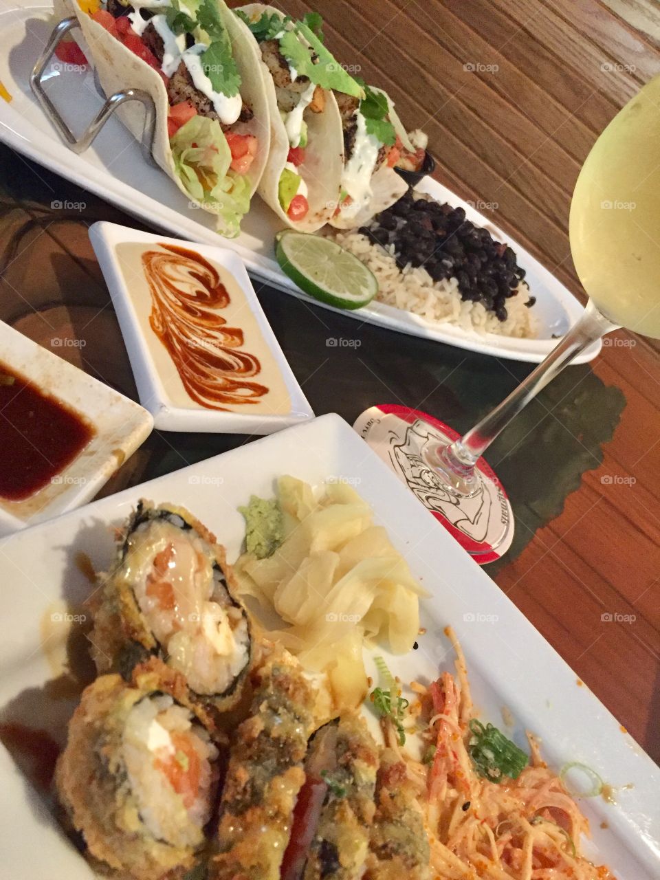 Sushi shrimp tacos, lunch networking 
