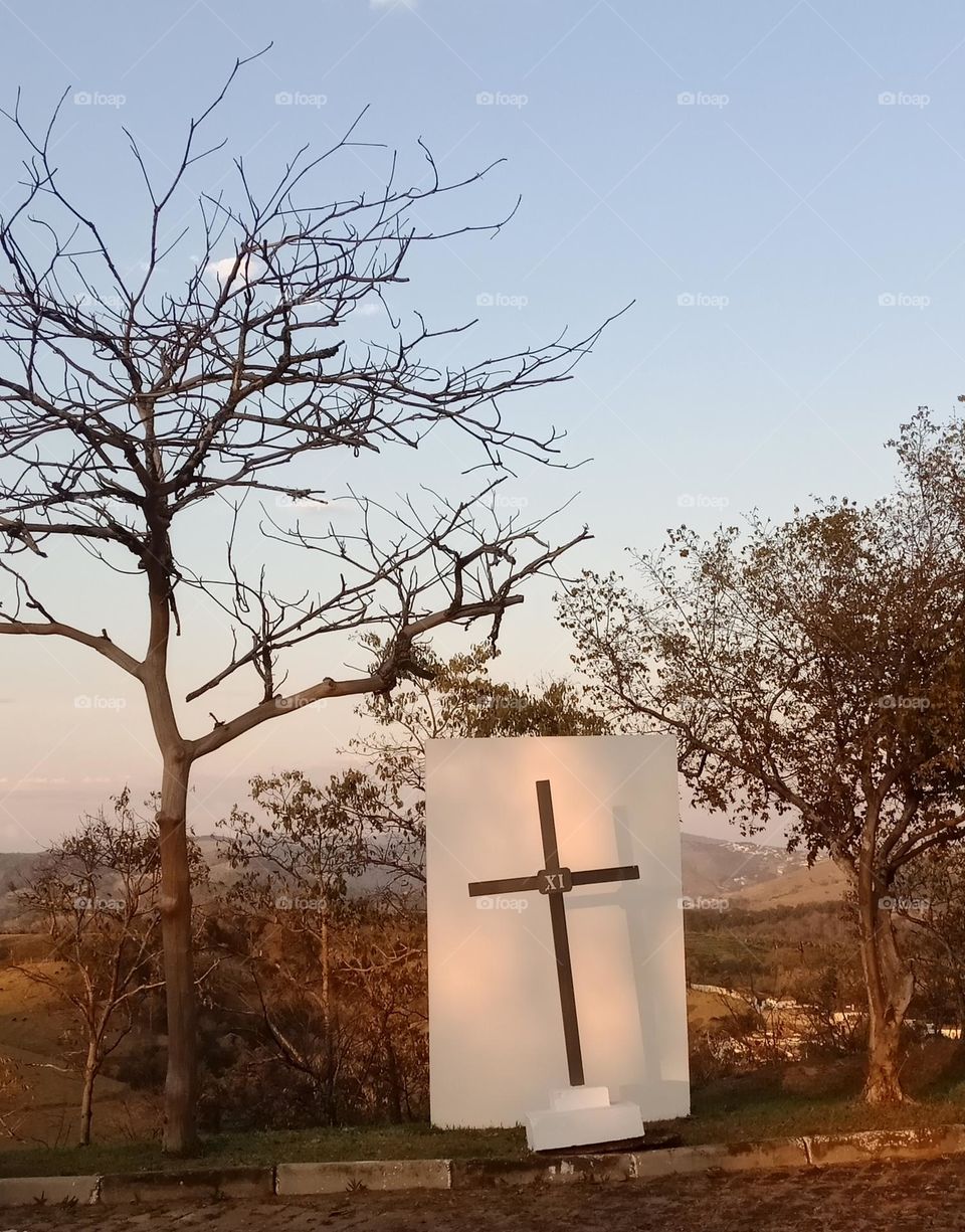 Pilgrimage cross station at a mountain in a dry season