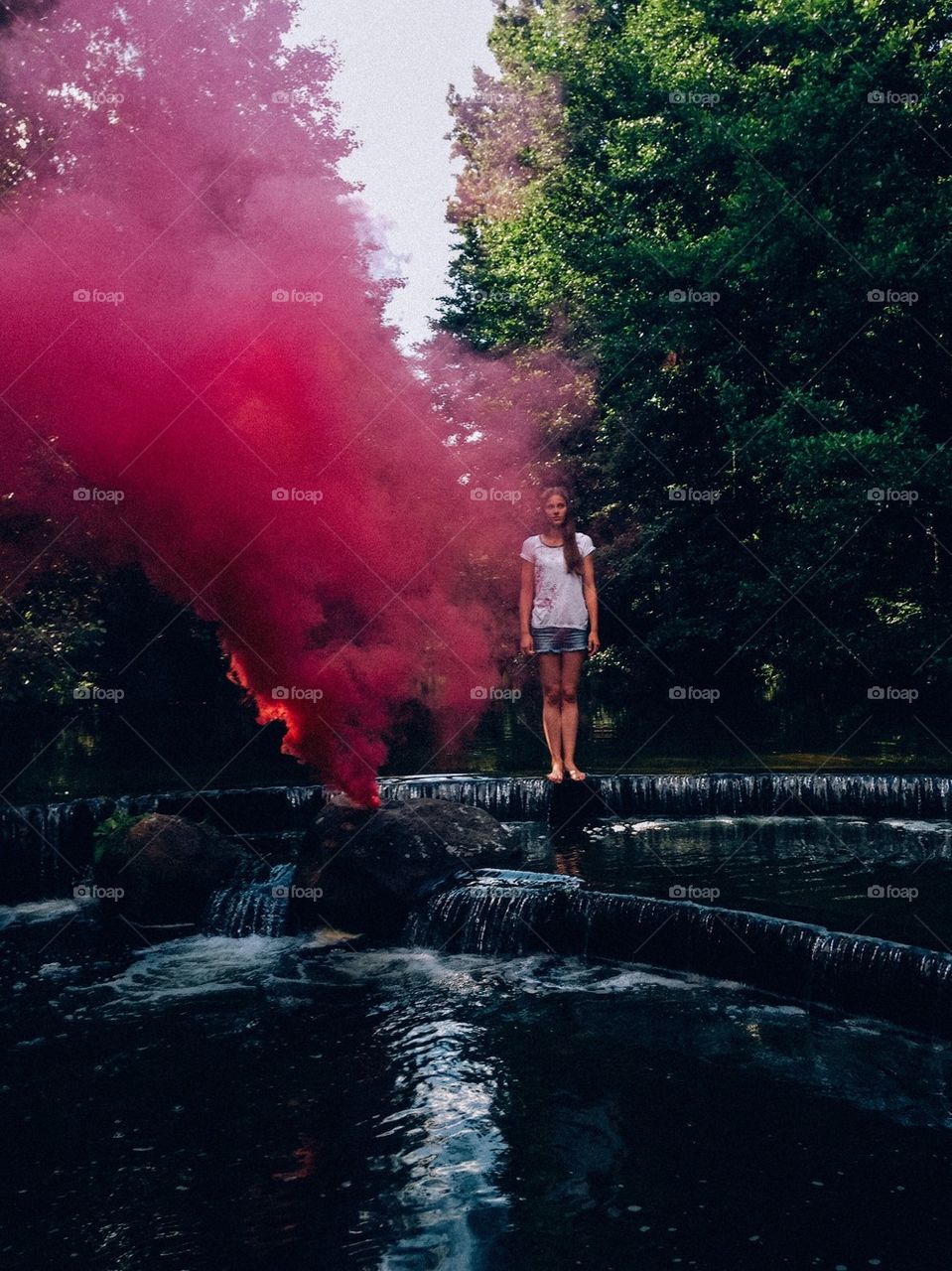 girl in red smoke