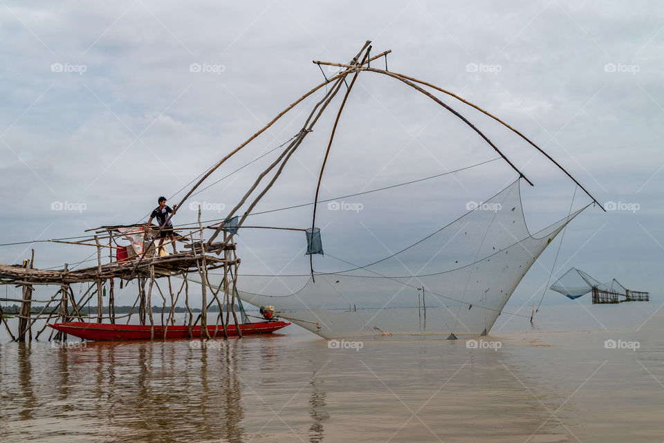 Beautiful sea scape with big fish trap in the southern of Thailand