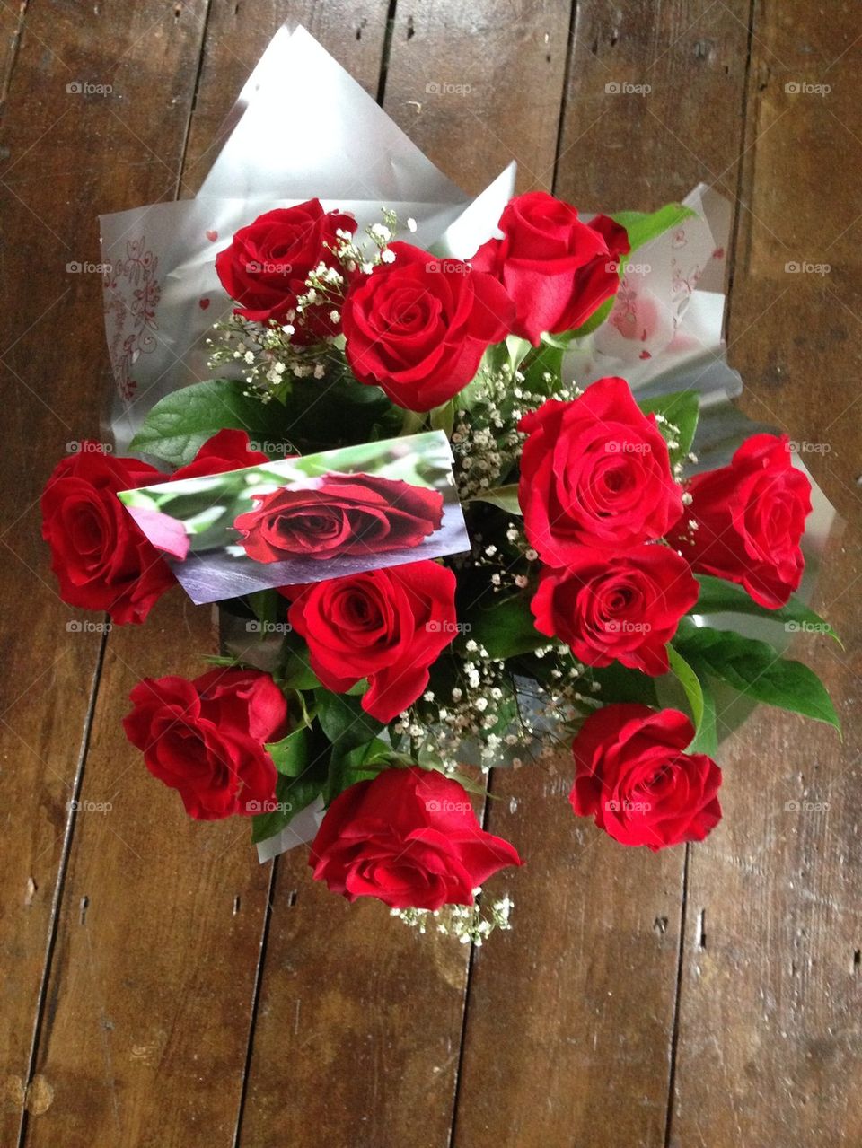 High angle view of red rose bouquet