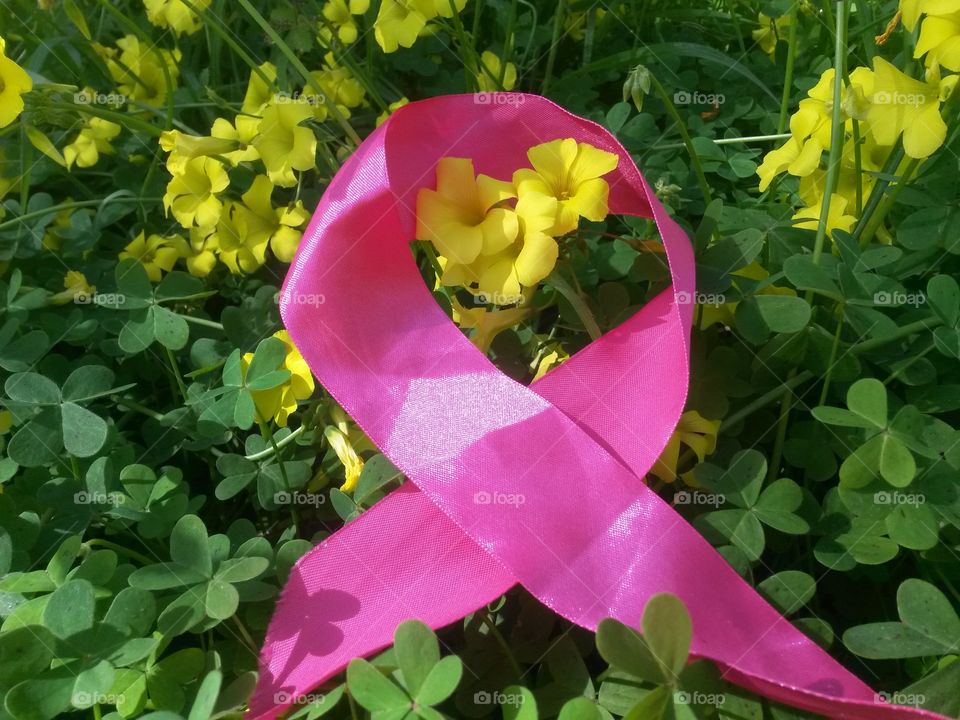 pink ribbon into natural yellow wild flowers and green four leaves