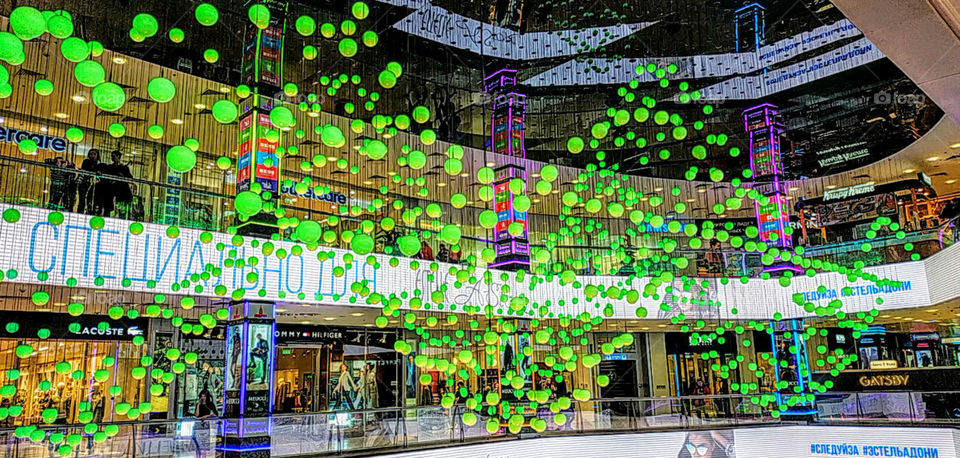 Panoramic light mosaic in a large shopping center. Moscow, September, 2019.