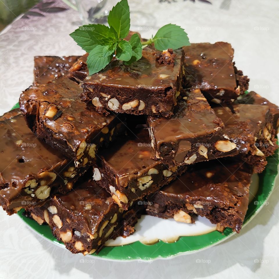 homemade food. Chocolate brownie with nuts.