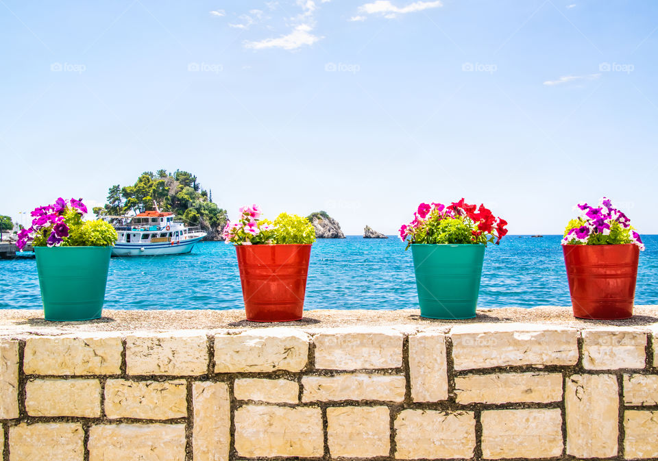 Colorful flower pots at seascape