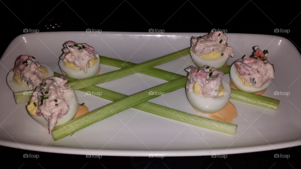 egg  appetizer. deviled eggs with lobster salad