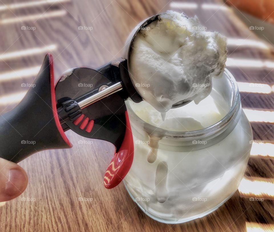 Homemade Ice Cream In A Jar (1 cup of heavy cream, 2 1/4 tablespoons of sugar, 1/2 teaspoon of flavoring and a pinch of salt) This is coconut cream which has 1/2 teaspoon on coconut flavoring, vanilla bean and 1 1/2 tablespoons of Lopez Coconut Cream