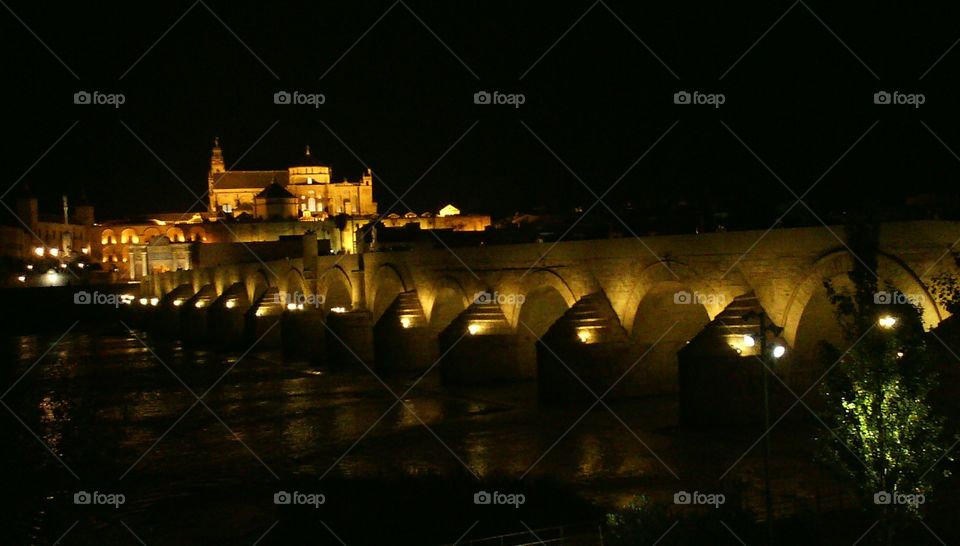 Illuminated Roman Bridge and the Mezquita of Cordoba, Spain