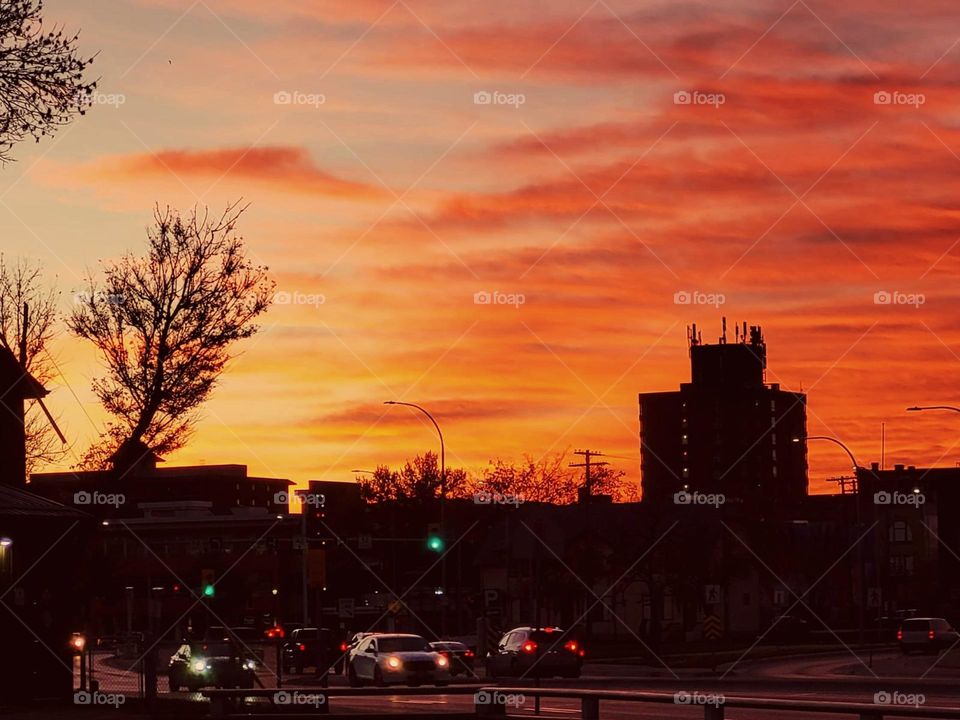 red sky in the city