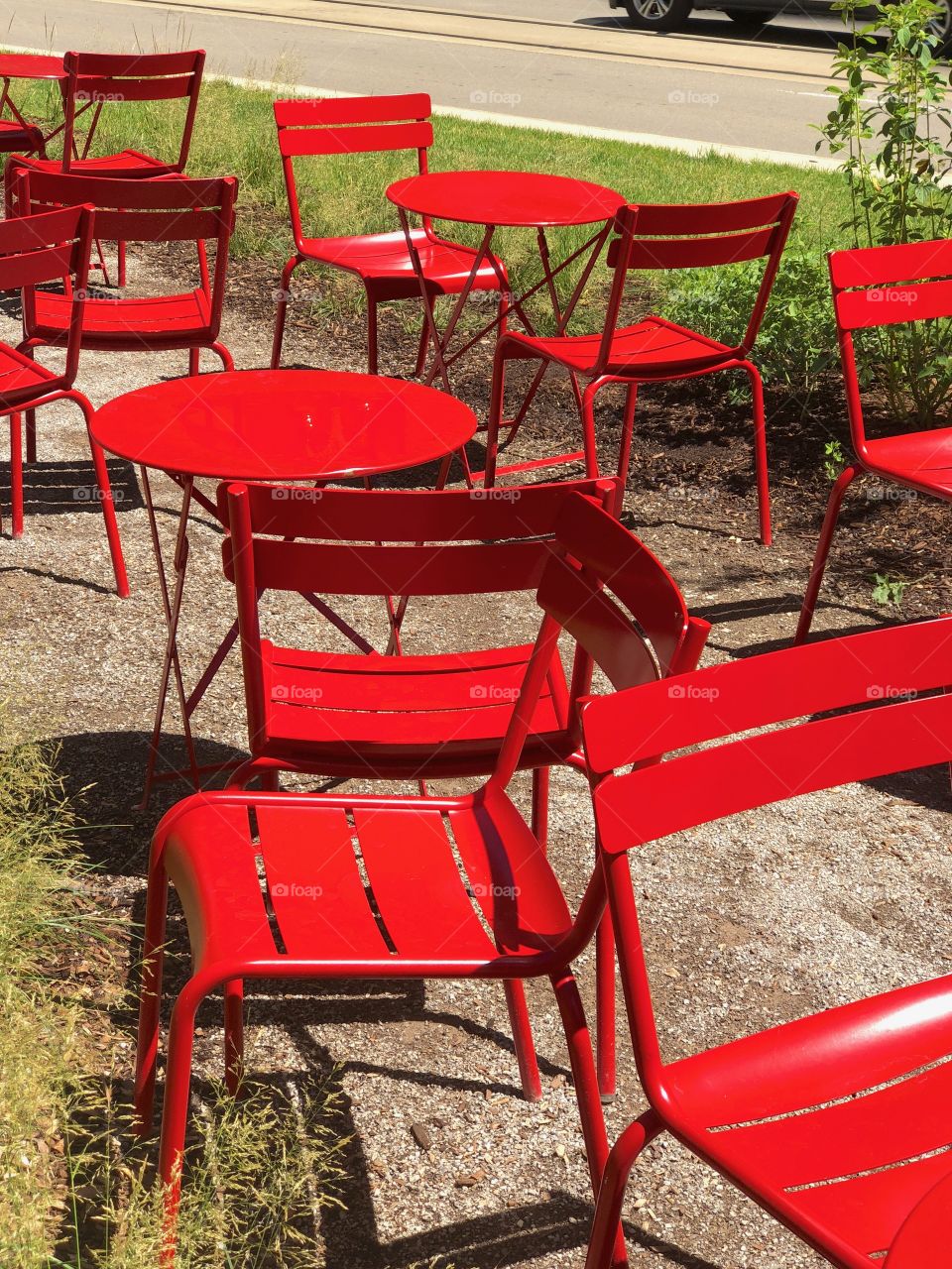 Red chairs in July, Detroit