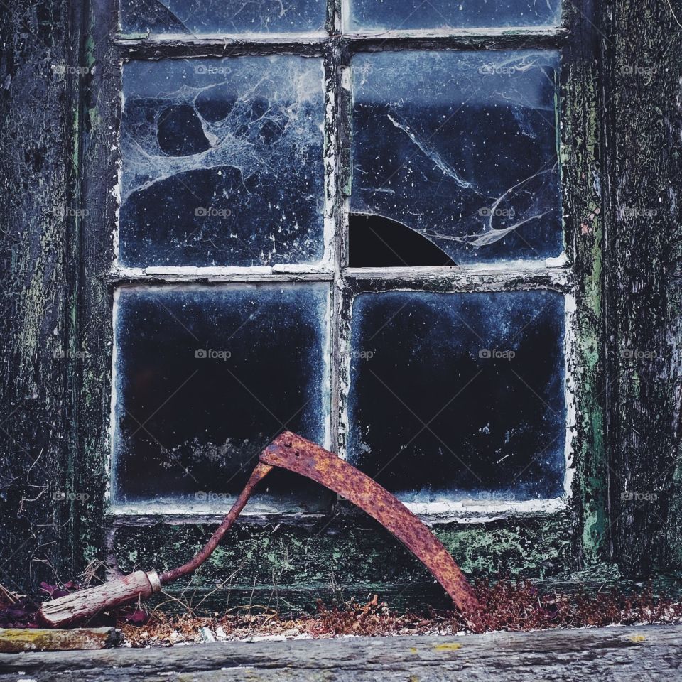 The old window. I found this old, broken window complete with cobwebs and farming implement, untouched for years