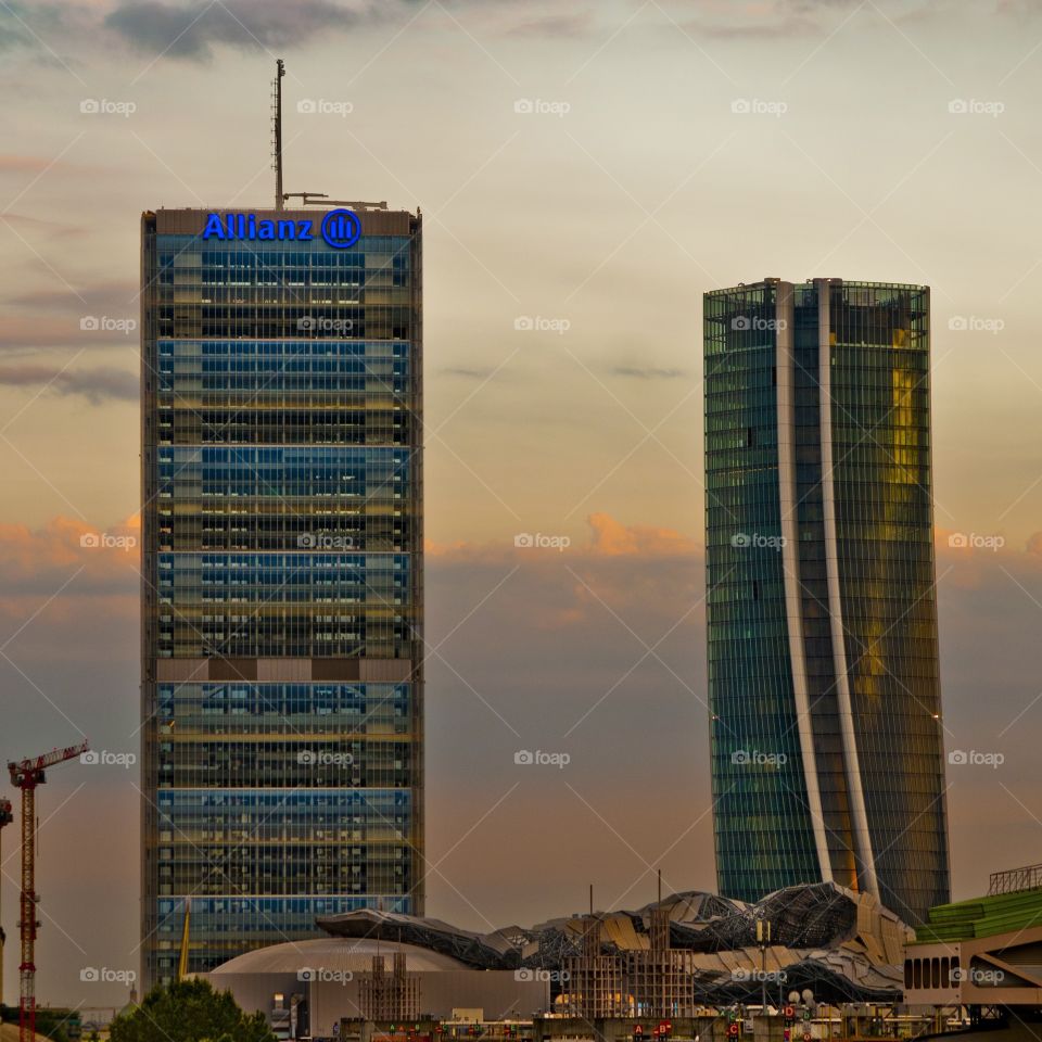 Skyscraper towers sunset in Milan