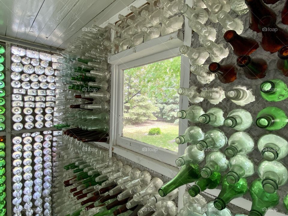 Inside a glass bottle house 