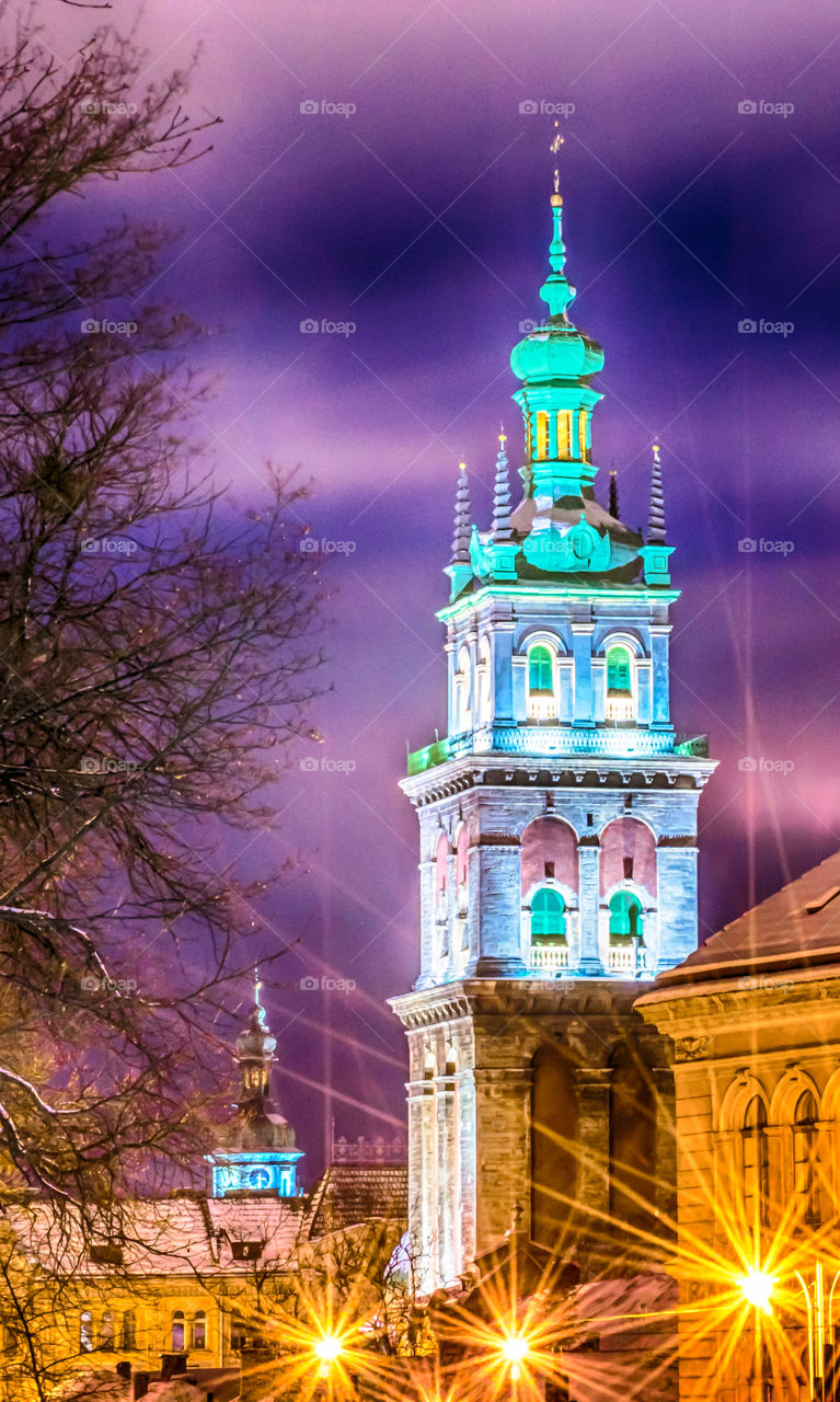 Night city scene in Lviv city