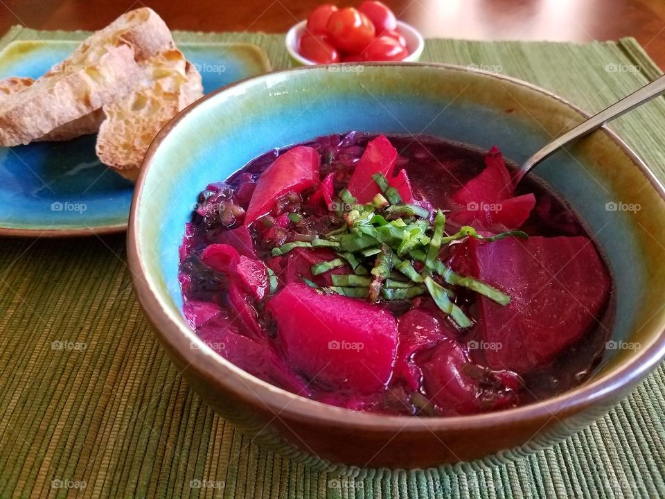Beet soup in bowl
