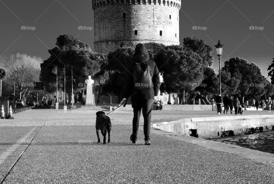 Best friends walking together in B&W. The back of a man with his dog walking towards the white tower, in Thessaloniki.
