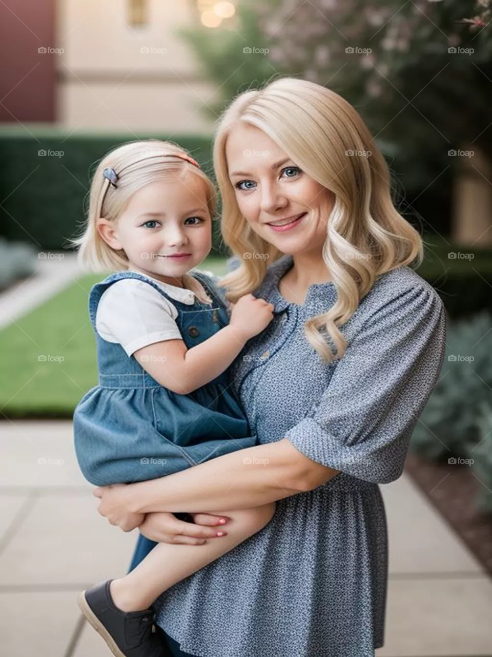 A mother holding her beautiful blonde daughter