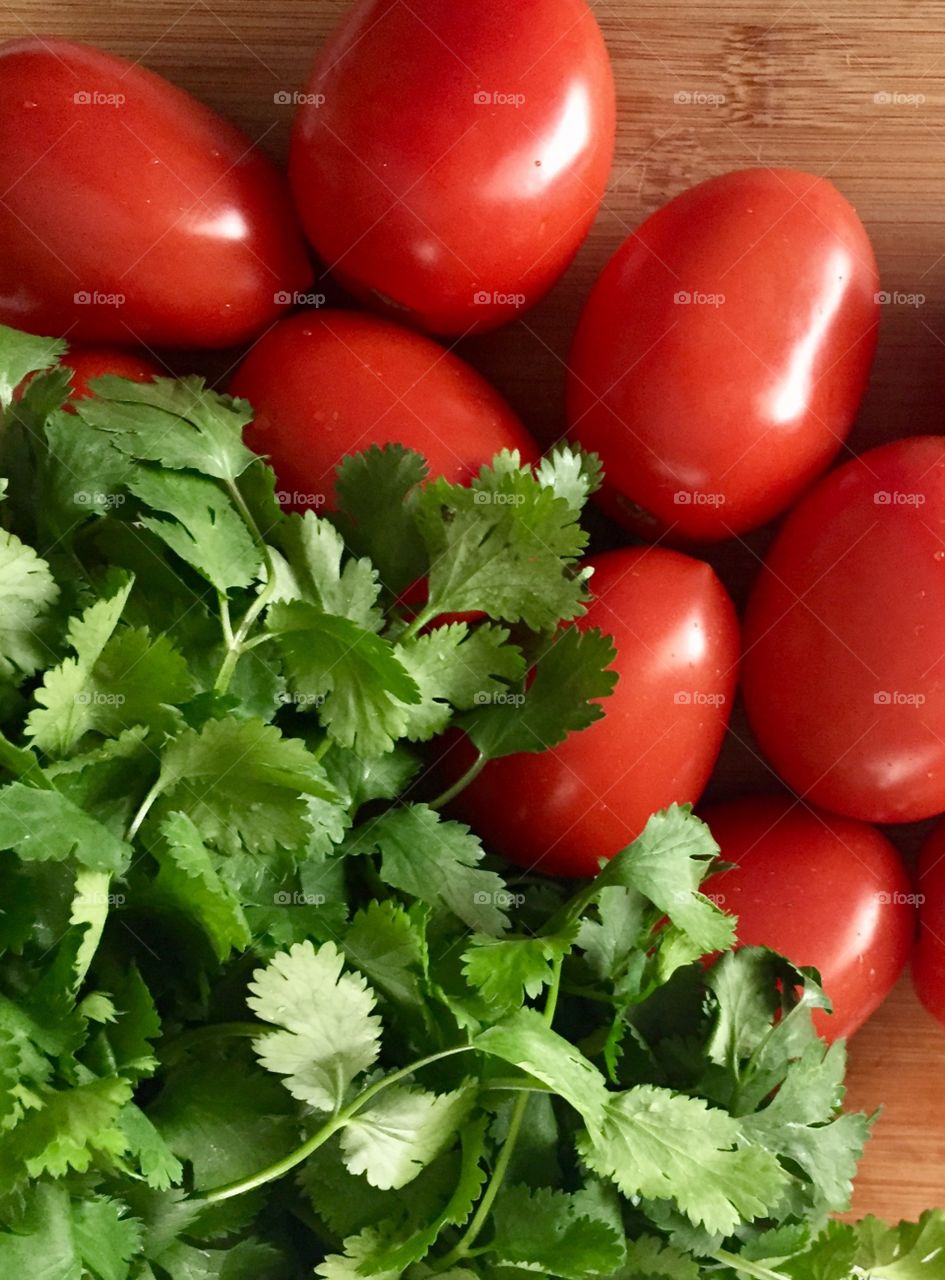 Elevated view of tomato and coriander