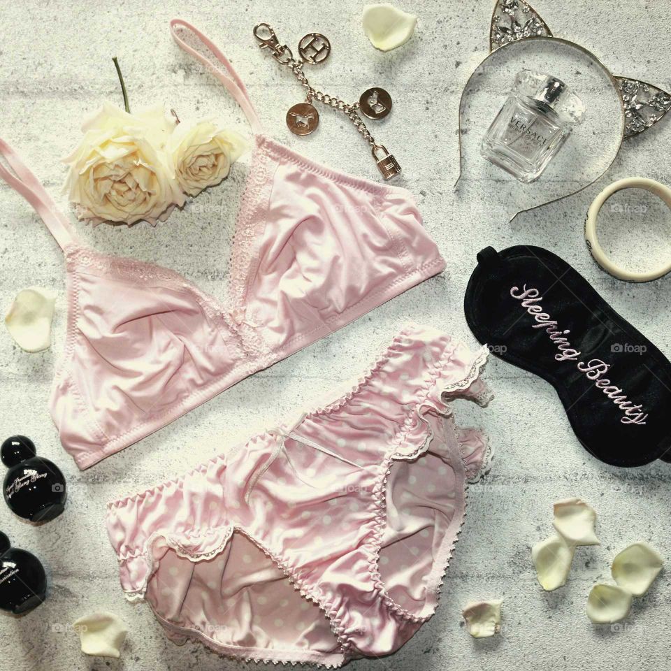 vintage beauty and lingerie flat lay spread,  sleeping Beauty