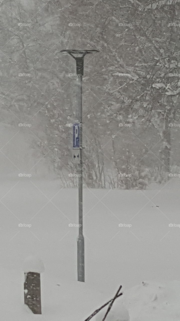 parking sign in snow storm
