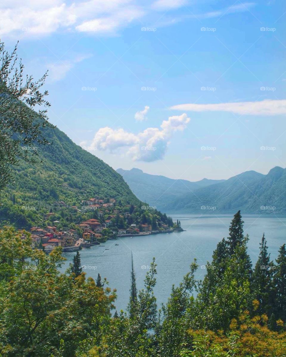 The view from Varenna, Italy overlooking Lake Como and surrounding villages 