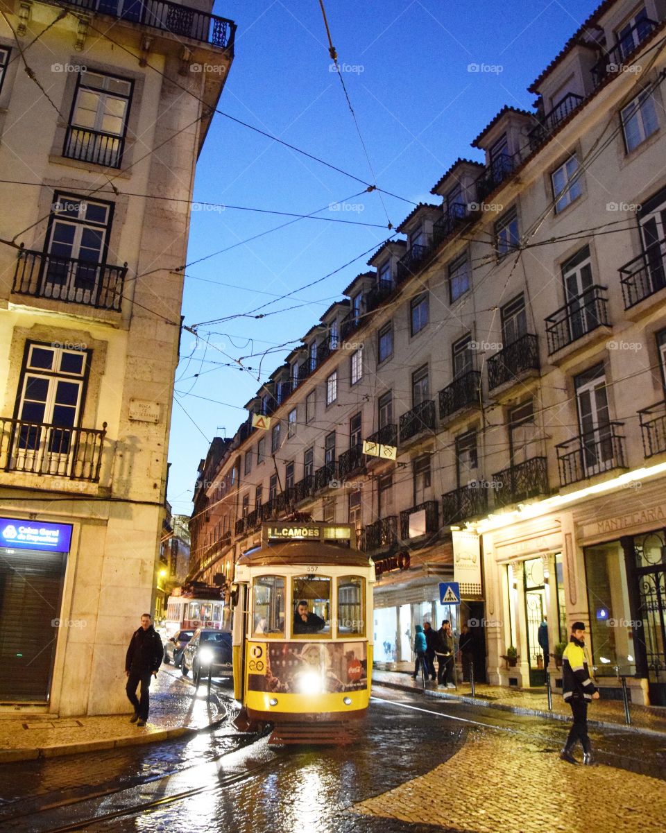 Beautiful night in Lisbon with the typical tramway 