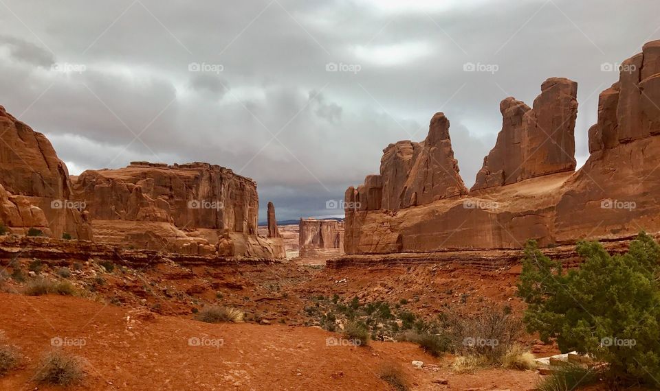 Scene from Arches National Park on a cloudy day 
