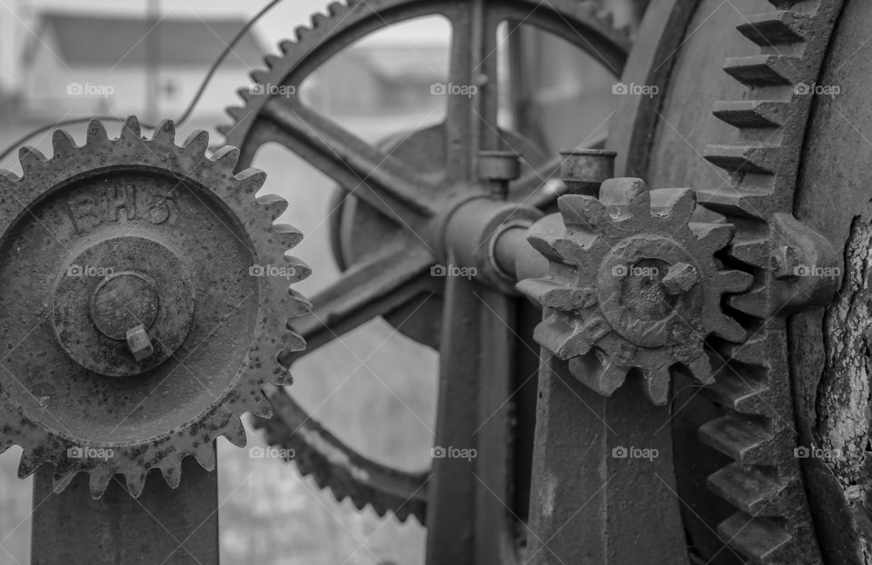 Old beautiful rusty gears black and white 