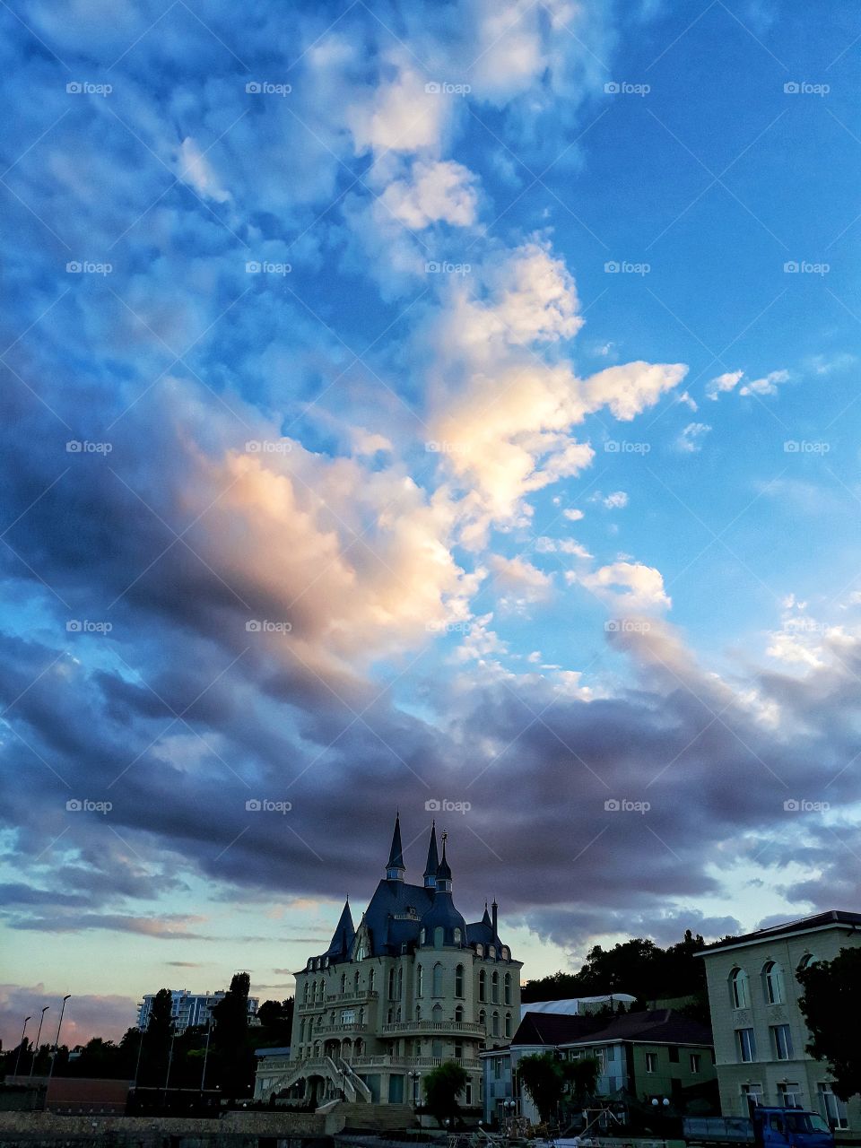 castle, clouds, sunset