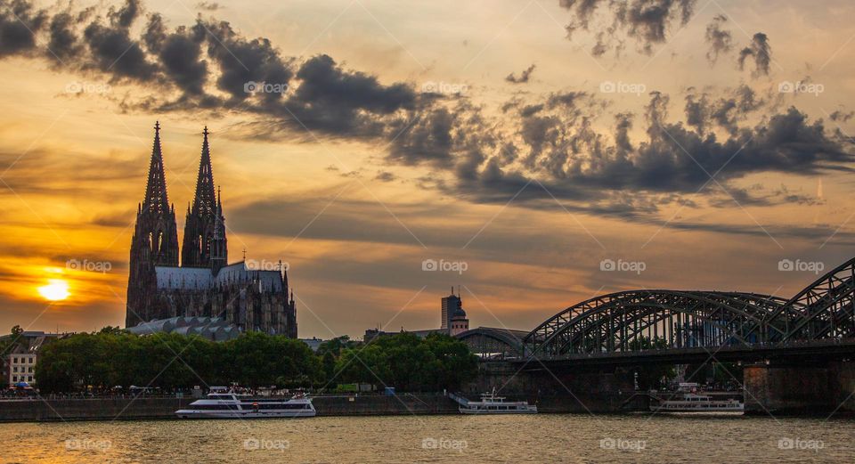 the Cathedral,the Rhine River and the Cityscape of Cologne NRW Germany Europe during the Sunset Timeline
