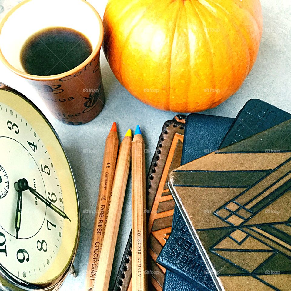 Clock Coffee Pumpkin Books Pencils