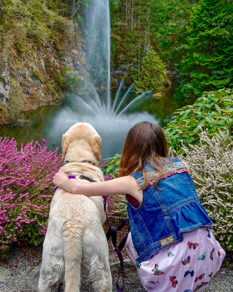 Fun at Butchart Gardens for a girl and her dog