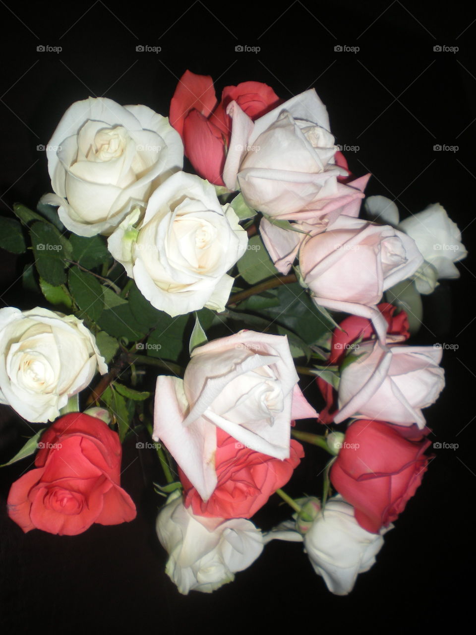 Tri-color bouquet . three hues of roses 