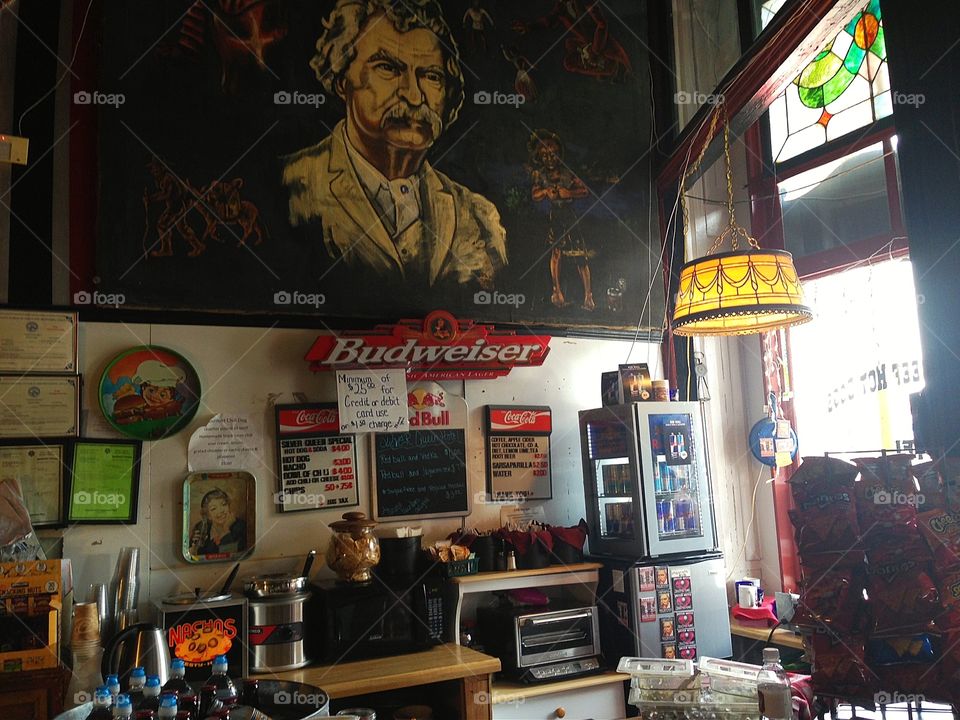 Budweiser Sign in old saloon. Budweiser sign behind bar in old west saloon ( Silver Queen) in Virginia city, Nevada 