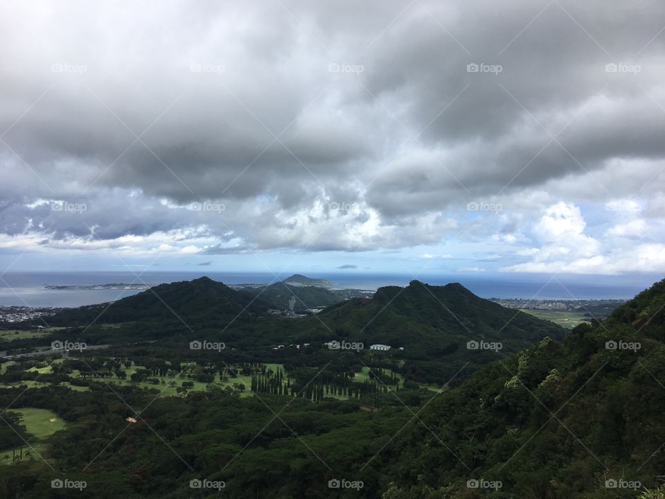 King kamehameha Pali lookout in glorious Oahu Hawaii with a view of the sea