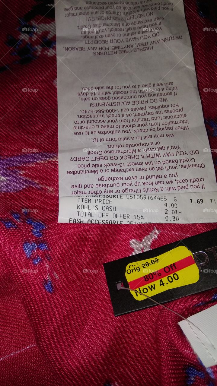 Red Scarf with Birds with Sales Tag & Receipt