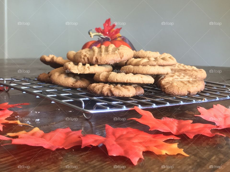 Golden Peanut Butter Cookies  on  cook rack made during the fall with maple leaves surrounding and pumpkin in the background.  