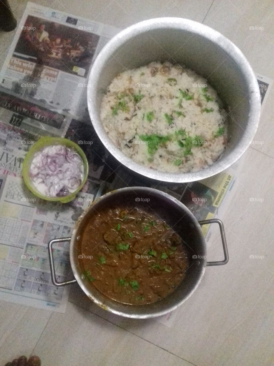 ghee rice with mutton curry and onion raita