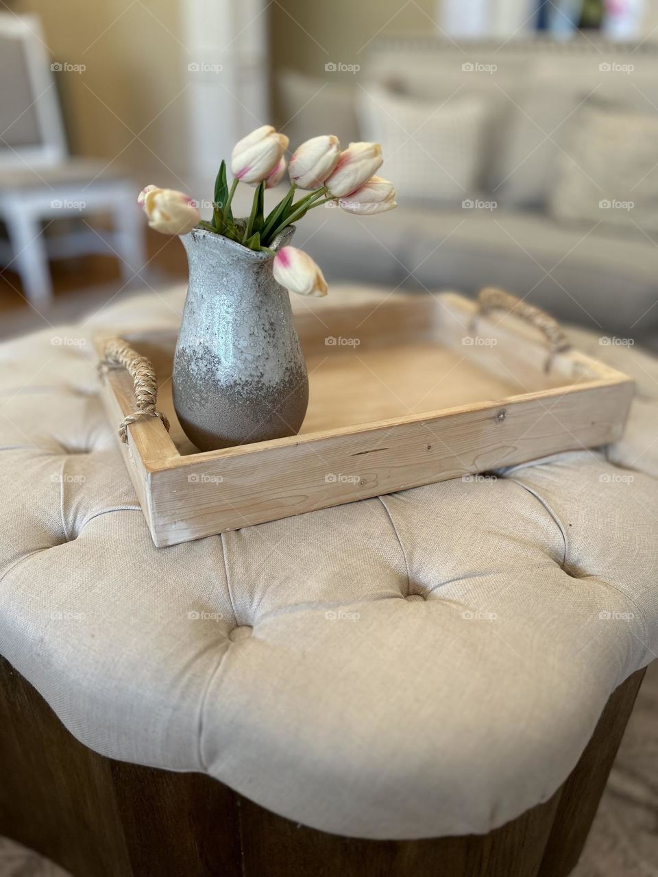 Tulips in Pitcher on Tray 