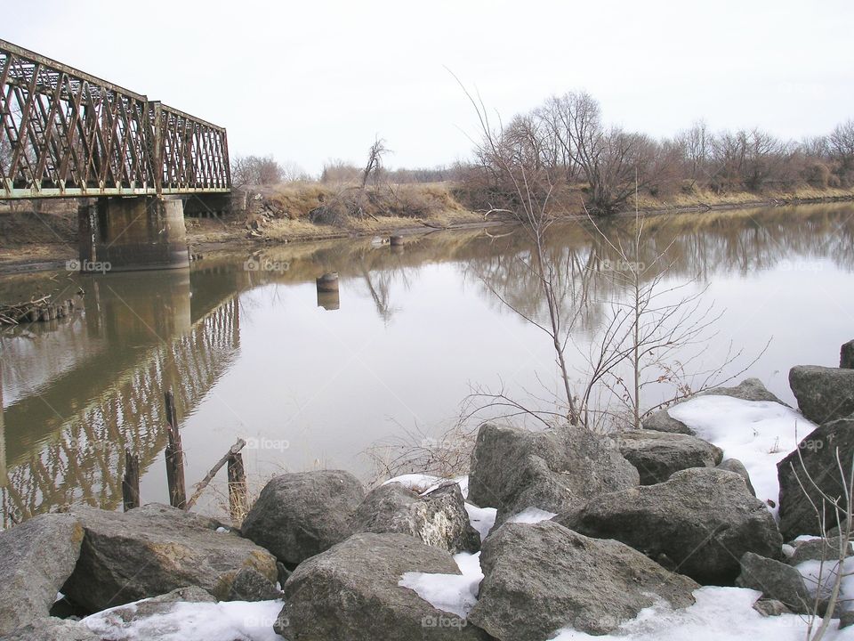 River train bridge . View of river and train bridge Manhattan kansas