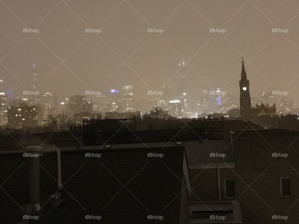 The Chicago skyline on a foggy, snowy night