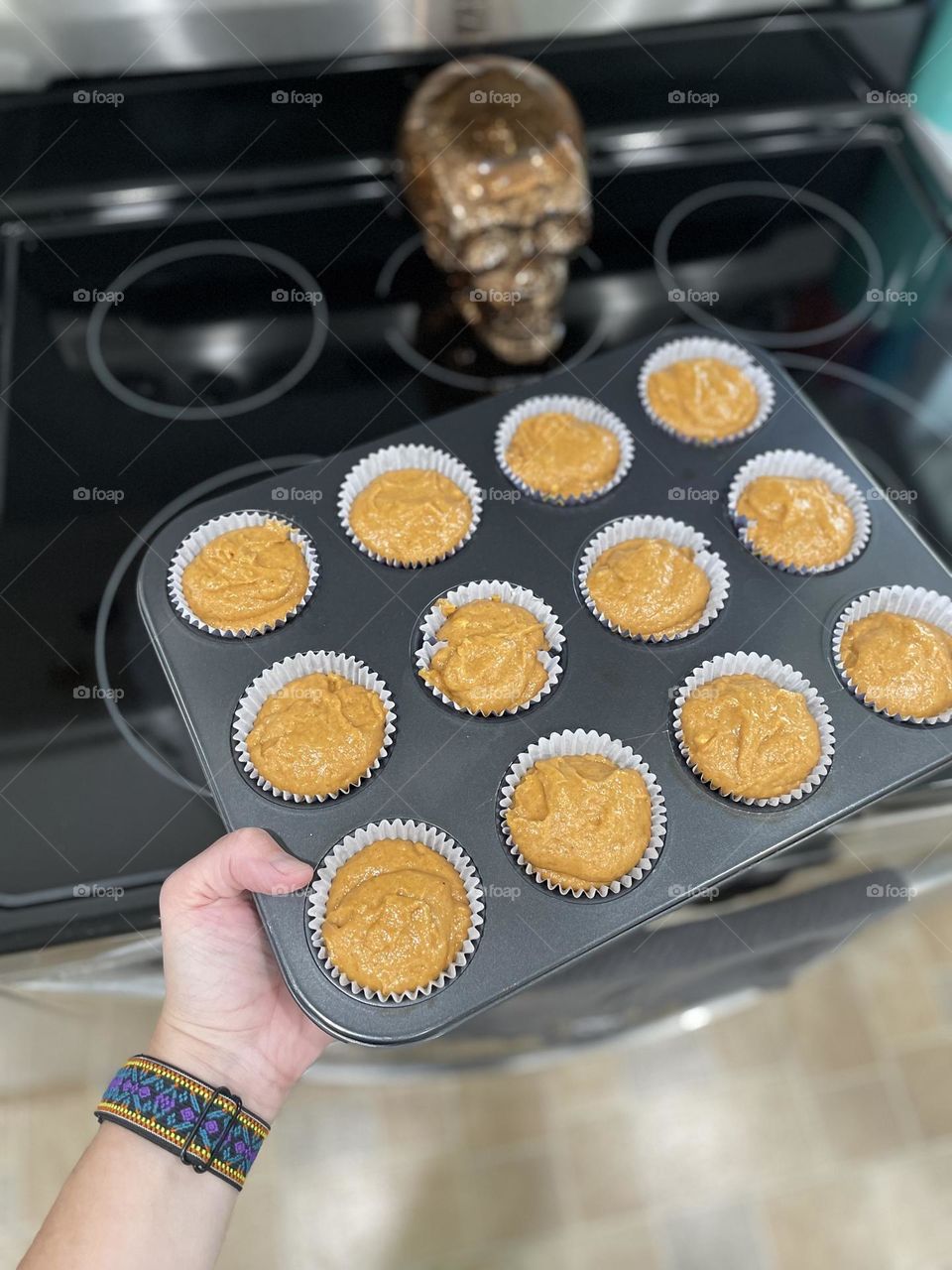 Baking pumpkin cinnamon muffins, baking at home, homemade sweet treats, delicious desserts made from scratch 