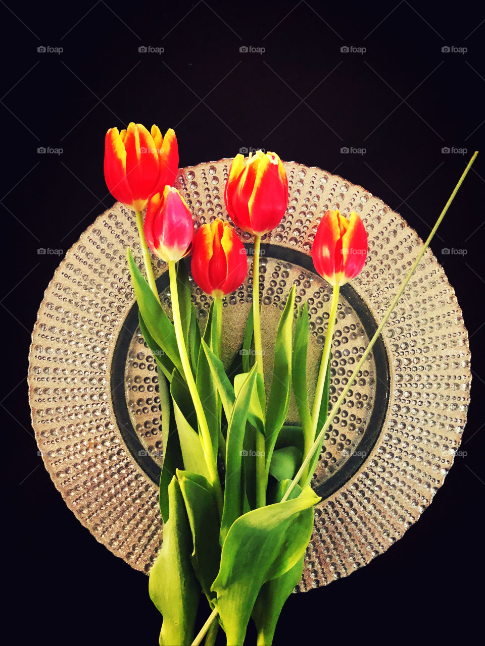 Red and yellow tulips on silver platter