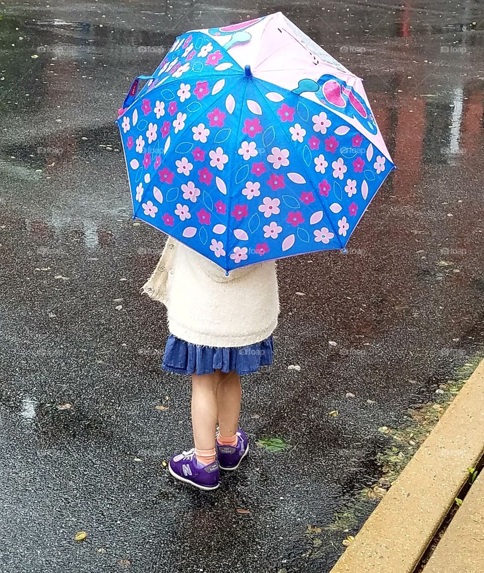 little girl on rainy day, colorful umbrella, pavement reflection