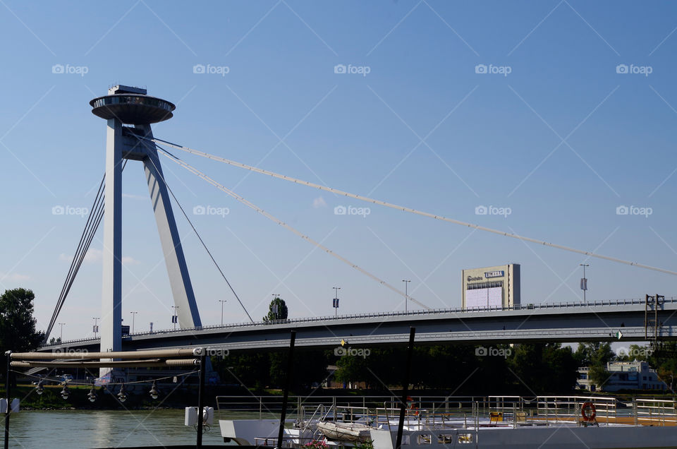 Cityscape with the Most SNP (Bridge of the Slovak National Uprising) in Bratislava, Slovakia.