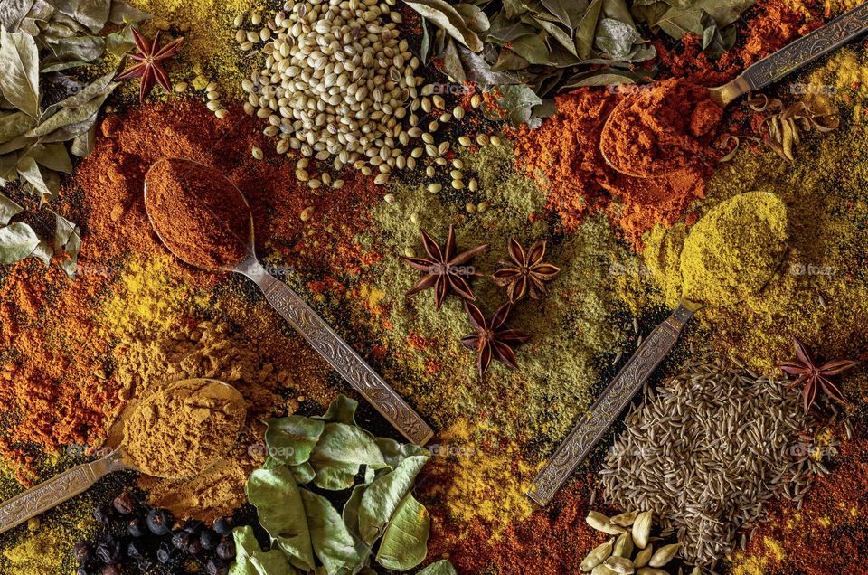 Selection of spices, seeds and leaves